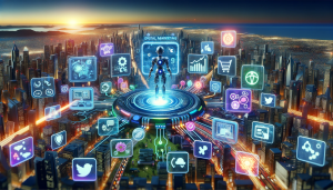 Futuristic cityscape with a robot standing on a platform surrounded by floating digital marketing icons and holograms.